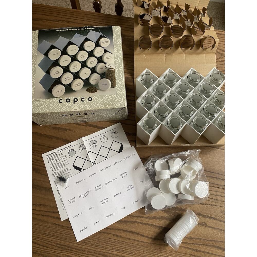 Vintage Copco Spice Rack WHITE Glass Bottles With Labels New Old Stock